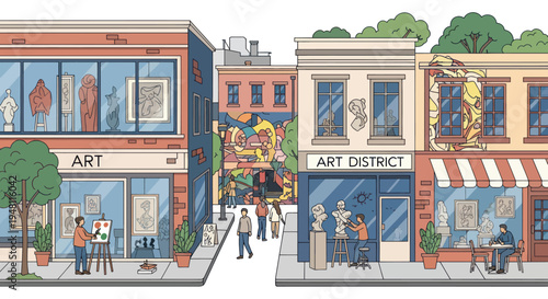 Vibrant Art District Street Scene with Galleries, Studios, and People