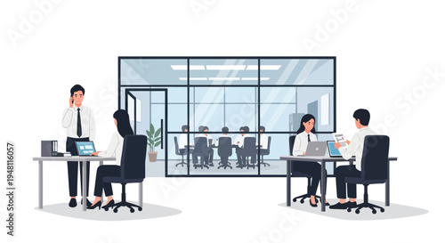 Business meeting and office work, modern corporate workspace illustration