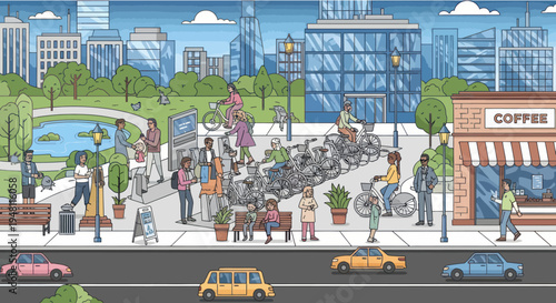 Diverse Crowd in a Lively City Park with Modern Buildings, Coffee Shop and Bicycles