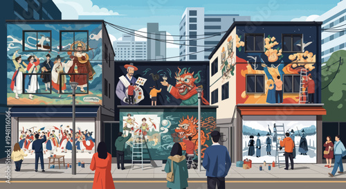 Diverse Mural Art on City Buildings with People Watching Art Creation