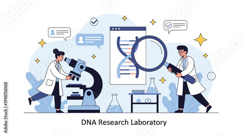 Scientific DNA research laboratory concept with expert scientists examining a human genetic sequence using a microscope and glass.