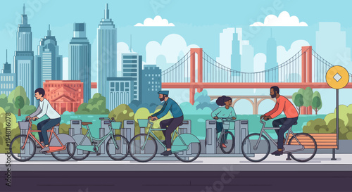 Pixel Art Cityscape with People Cycling and Modern Skyline