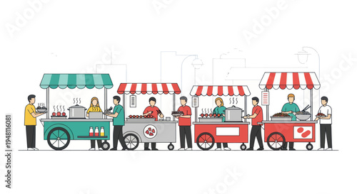 Street Food Market Scene with Diverse Food Stalls and Customers