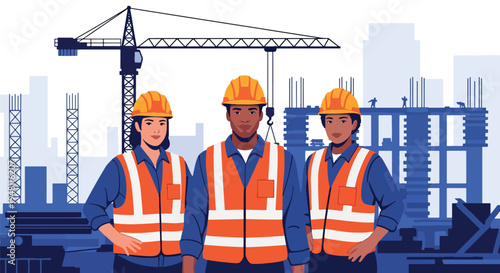 Diverse construction workers wearing hard hats and reflective vests standing together at active building site in modern flat solid color style