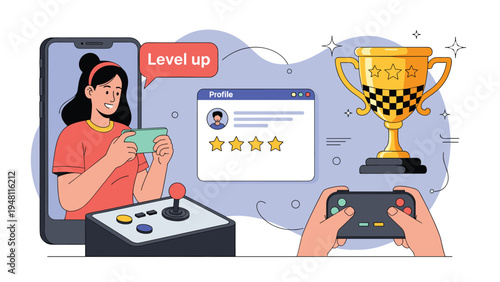 Mobile gamer character achieves a level up on her smartphone featuring trophy and user profile interface elements in a flat design.