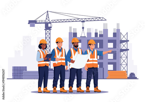 Diverse construction workers wearing hard hats and reflective vests standing together at active building site in modern flat solid color style