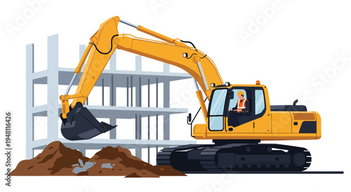 Construction worker operating excavator machine at busy building site with heavy equipment and urban development setting in flat solid color style
