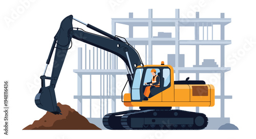 Construction worker operating excavator machine at busy building site with heavy equipment and urban development setting in flat solid color style