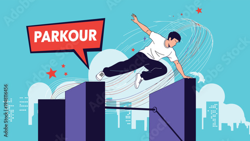 Dynamic parkour athlete jumps over urban obstacles in a city background showcasing street sports and physical agility during the day.