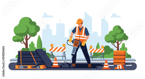 Road construction worker operating jackhammer during street repair project with traffic cones and safety barriers in modern flat solid color style