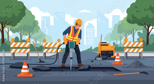 Road construction worker operating jackhammer during street repair project with traffic cones and safety barriers in modern flat solid color style