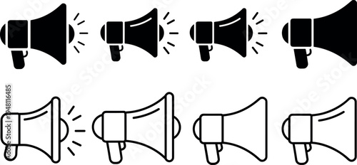 Megaphones in various styles and states of use vector illustration