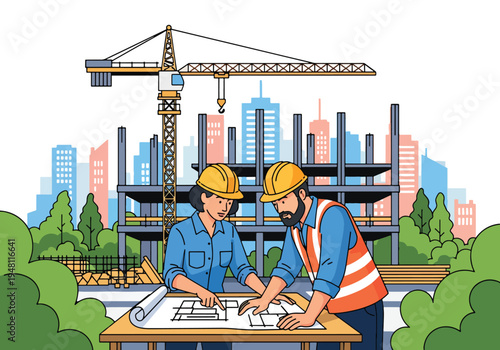 Architect and construction worker reviewing blueprint plans together at active building site with crane and structural framework in flat solid color style