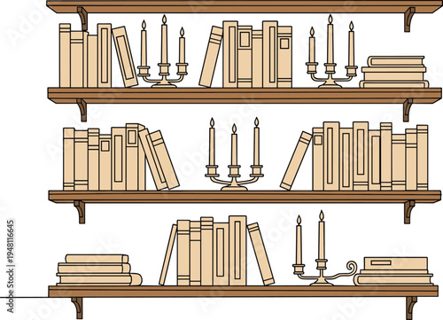 Brown wooden bookshelf with books and candelabras