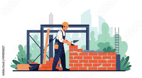 Construction worker laying bricks with trowel and mortar on unfinished wall structure at active building site in modern flat solid color style