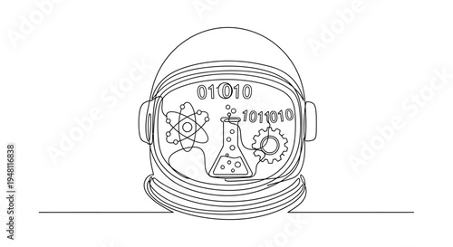 Astronaut helmet with scientific symbols and binary code, innovation concept