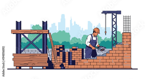 Construction worker laying bricks with trowel and mortar on unfinished wall structure at active building site in modern flat solid color style