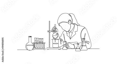Scientist Working in Laboratory with Chemical Equipment, Line Art