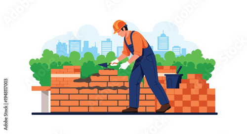 Construction worker laying bricks with trowel and mortar on unfinished wall structure at active building site in modern flat solid color style