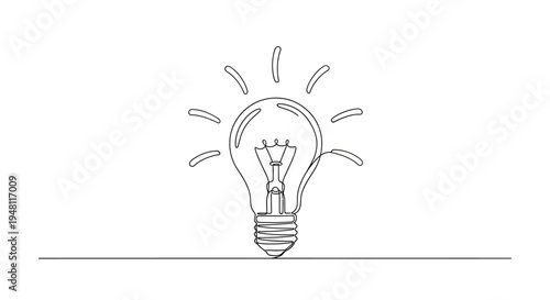 Single Line Drawing of a Light Bulb with Glowing Rays