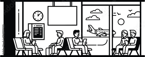 airport waiting area, people sitting, travel