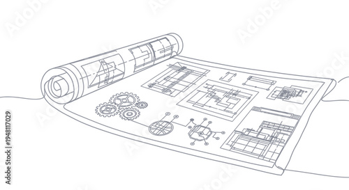 Engineering Blueprint Roll with Gears and Diagrams