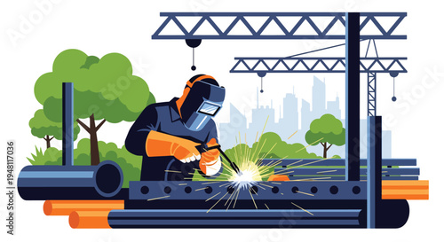 Industrial construction worker welding steel beams with protective mask at active building site in modern flat solid color style