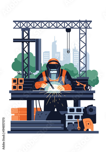 Industrial construction worker welding steel beams with protective mask at active building site in modern flat solid color style