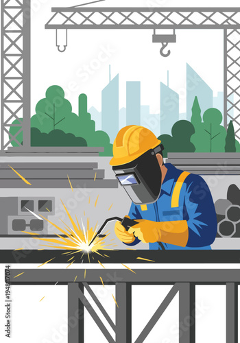 Industrial construction worker welding steel beams with protective mask at active building site in modern flat solid color style