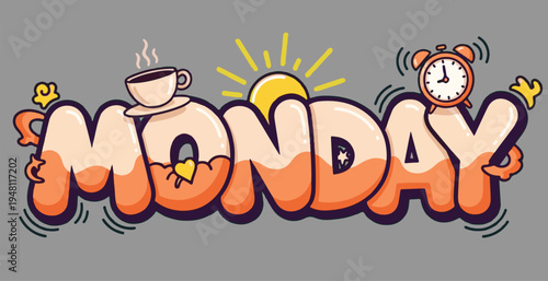 Vibrant Monday Sticker Design for Social Media Engagement, Featuring Warm Orange Gradient Text with Breakfast and Wake Up Symbols in Modern Comic Style.
