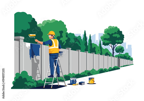 Construction worker using roller and ladder to paint exterior wall of residential building in modern flat solid color style