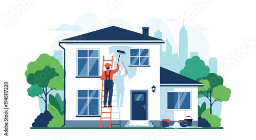 Construction worker using roller and ladder to paint exterior wall of residential building in modern flat solid color style