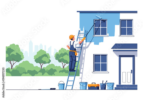 Construction worker using roller and ladder to paint exterior wall of residential building in modern flat solid color style