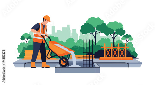 Construction worker pouring concrete into foundation mold using wheelbarrow and shovel at active job site in modern flat solid color style
