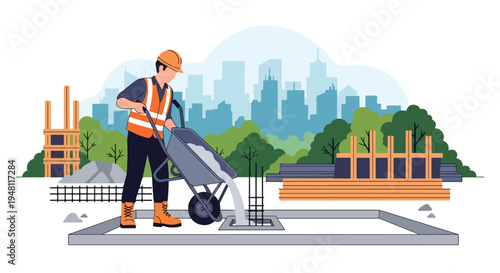 Construction worker pouring concrete into foundation mold using wheelbarrow and shovel at active job site in modern flat solid color style