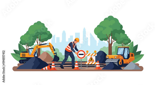Road construction worker setting up traffic cones and safety signage for highway repair project in modern flat solid color style