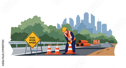 Road construction worker setting up traffic cones and safety signage for highway repair project in modern flat solid color style