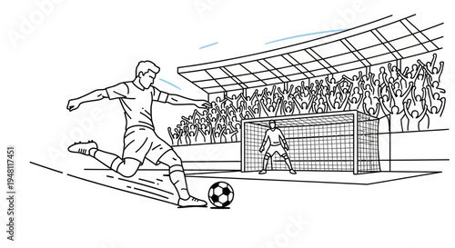 Soccer player taking a penalty kick against a goalkeeper in a stadium full of cheering spectators during a match.