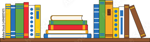 Colorful books stacked on a brown wooden shelf