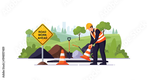 Road construction worker setting up traffic cones and safety signage for highway repair project in modern flat solid color style