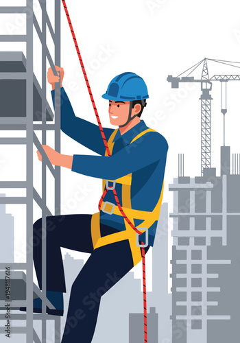 Construction worker climbing scaffolding wearing safety harness at high-rise building site in modern flat solid color style