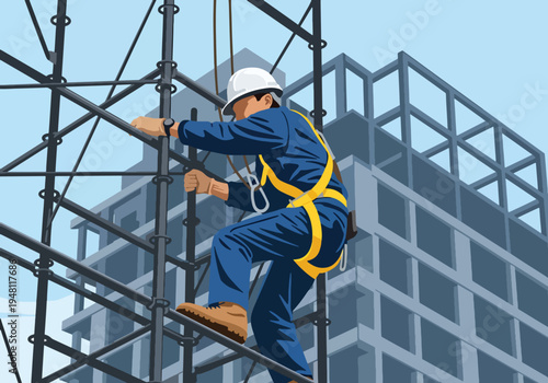 Construction worker climbing scaffolding wearing safety harness at high-rise building site in modern flat solid color style