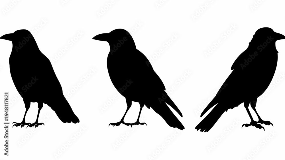 Fototapeta premium Three silhouetted crows standing on a white background, in black. Solid shapes and profile view