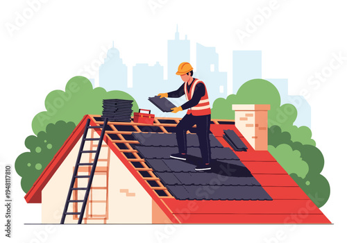 Construction worker installing roof tiles on residential house using ladder and safety equipment in modern flat solid color style