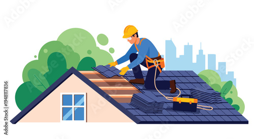 Construction worker installing roof tiles on residential house using ladder and safety equipment in modern flat solid color style