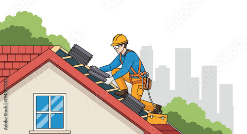 Construction worker installing roof tiles on residential house using ladder and safety equipment in modern flat solid color style