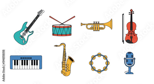 Musical instruments collection on white