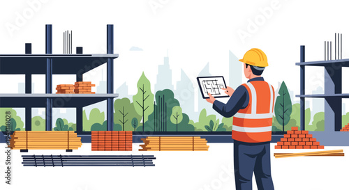 Construction worker checking digital blueprint on tablet device at modern building site in flat solid color style