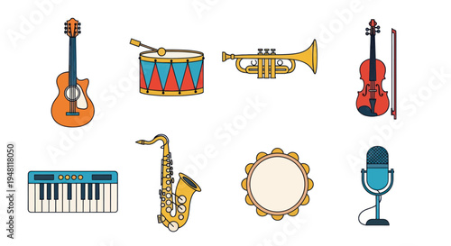 Musical instruments collection on white