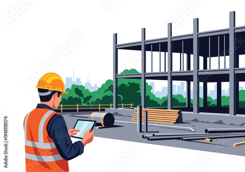 Construction worker checking digital blueprint on tablet device at modern building site in flat solid color style